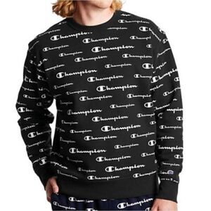 Champion Black White Men's Powerblend AOP Crewneck Logo Sweatshirt XL